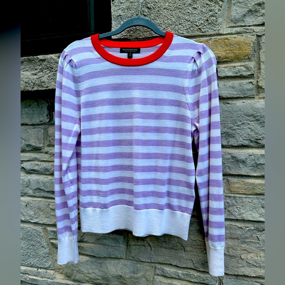 EUC-Violet & Cream Striped w/ Bright Red Neckline Merino Wool Crewneck Sweater-M